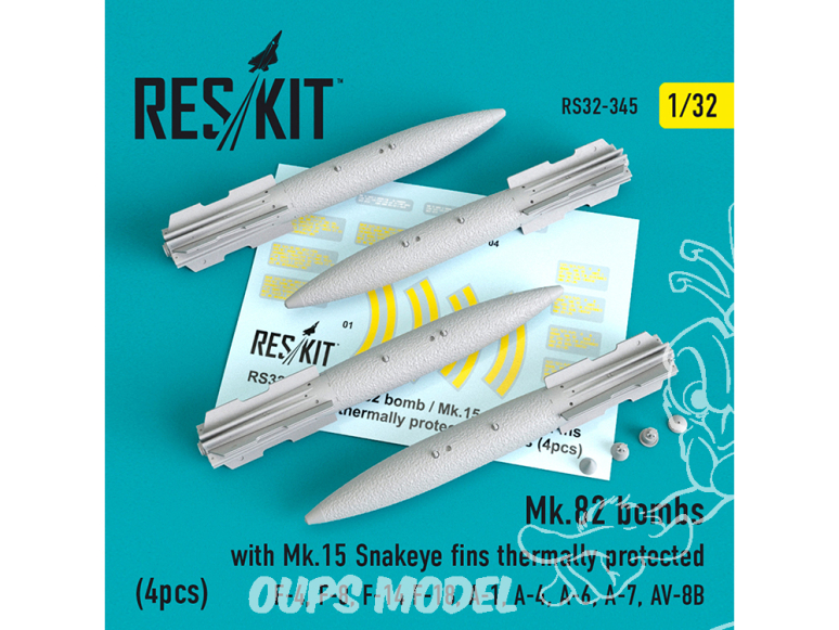 ResKit kit RS32-0345 Bombes Mk.82 avec ailettes Mk.15 Snakeye thermiquement protégées (4 pièces) 1/32