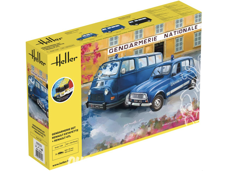 Heller maquette 52325 STARTER KIT Gendarmerie Renault Estafette + Renault 4TL inclus peintures principale colle et pinceau 1/24