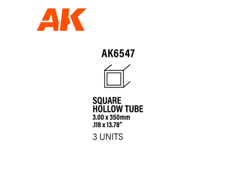 AK interactive ak6547 Tube creux carré 3.00 x 350mm STYRENE SQUARE HOLLOW TUBE 3 unités