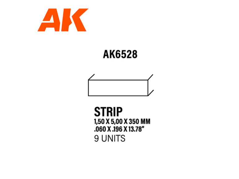 AK interactive ak6528 Bandes 1.50 x 5.00 x 350mm STYRENE STRIP 9 unités