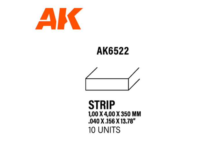 AK interactive ak6522 Bandes 1.00 x 4.00 x 350mm STYRENE STRIP 10 unités