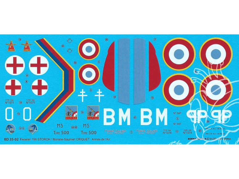 DECALQUES BERNA DECALS BD35-02 Morane Saulnier Criquet Armée de l'air 1/32