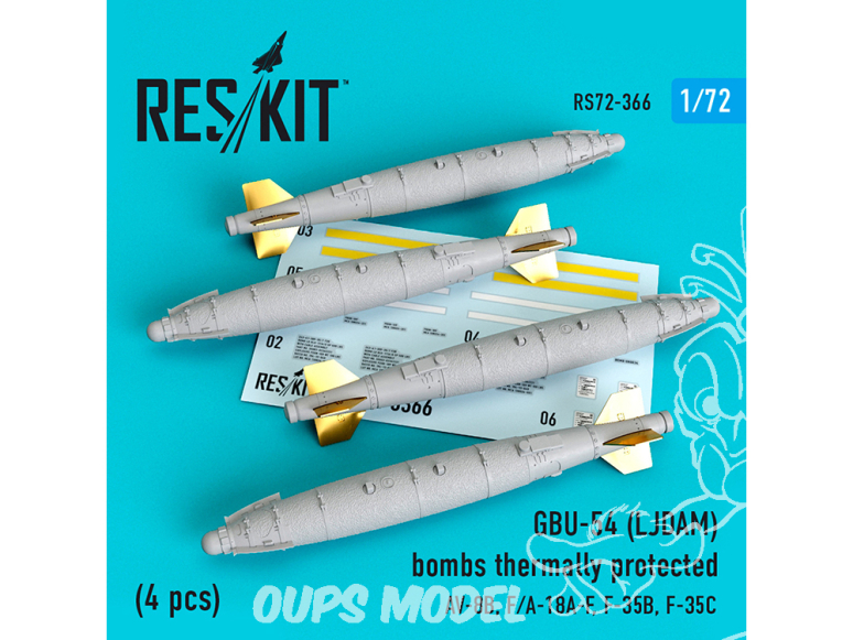 ResKit kit d'amelioration avion RS72-0366 Bombes GBU-54 (LJDAM) protégées thermiquement 4 pièces 1/72