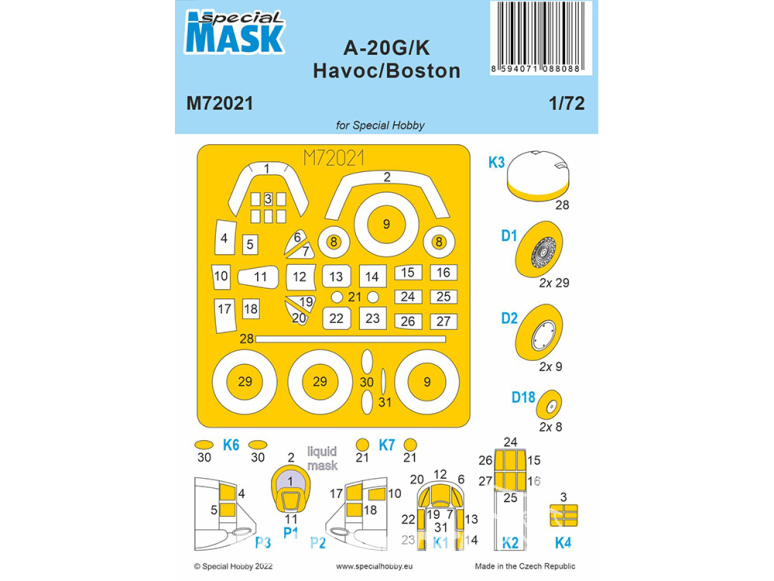 Special Hobby Masque avion M72021 Pour A-20G/K Havoc/Boston kit Special Hobby MPM et Revell 1/72