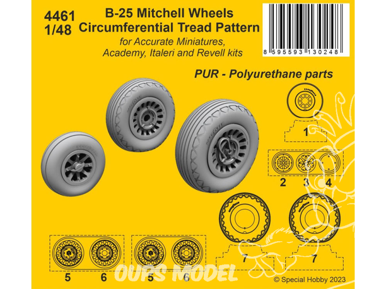 CMK kit resine 4461 B-25 Mitchell Wheels Motif de bande de roulement circonférentiel kit voir fiche 1/48