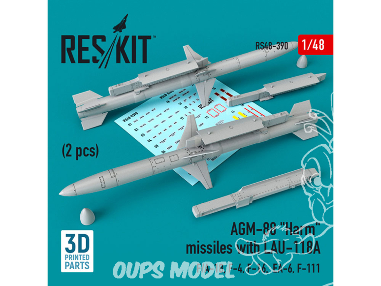 ResKit kit armement Avion RS48-0390 Missiles AGM-88 "Harm" avec LAU-118A (2 pièces) F/A-18, F-4, F-16, EA-6, F-111 1/48