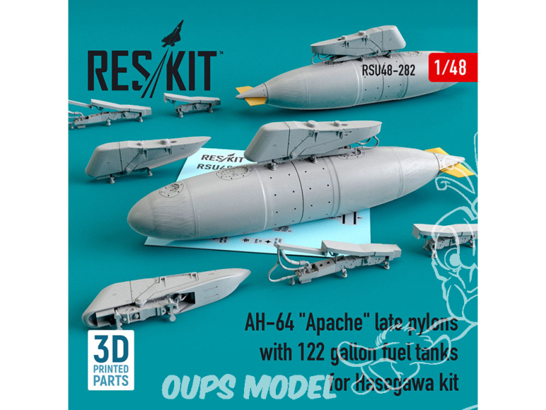 ResKit kit d'amelioration Hélico RSU48-0282 Pylônes tardifs AH-64 Apache et réservoirs 122 gallons pour kit Hasegawa 1/48