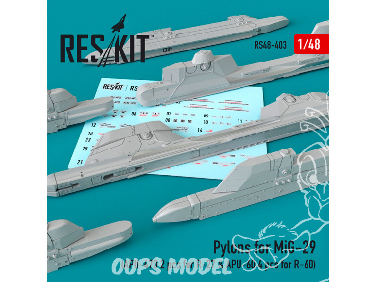 ResKit kit armement Avion RS48-0403 Pylônes pour MiG-29 (APU-470 2 pièces pour R-27 & APU-60 4 pièces pour R-60) 1/48
