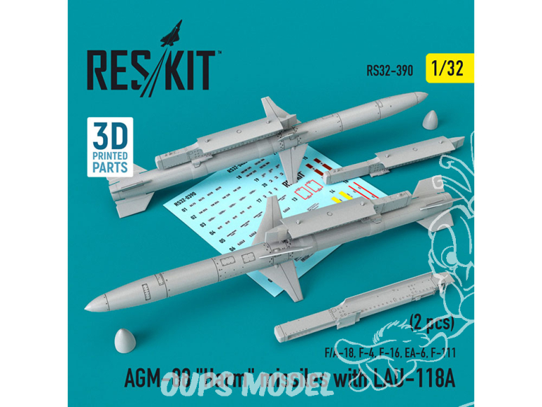 ResKit kit RS32-0390 AGM-88 "Harm" missiles avec LAU-118A (F/A-18, F-4, F-16, EA-6, F-111) 2 pièces 1/32