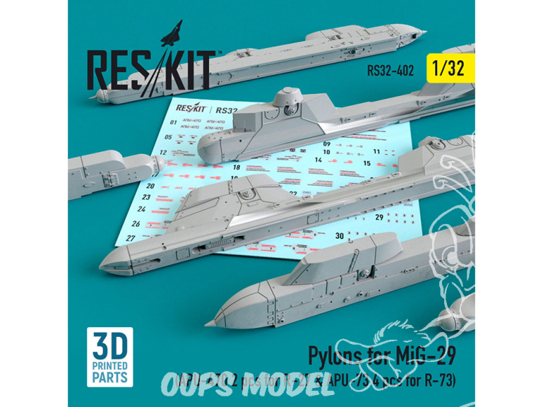 ResKit kit RS32-0402 Pylônes pour MiG-29 (APU-470 2 pièces pour R-27 & APU-73 4 pièces pour R-73) 1/32