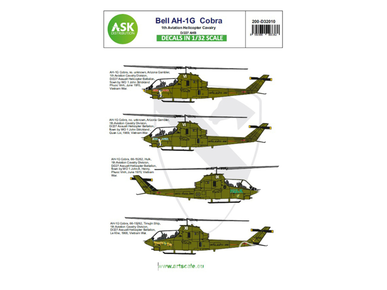 ASK Art Scale Kit Décalcomanies D32010 Bell AH-1G Cobra 1th Aviation Helicopter Cavalry 1/32