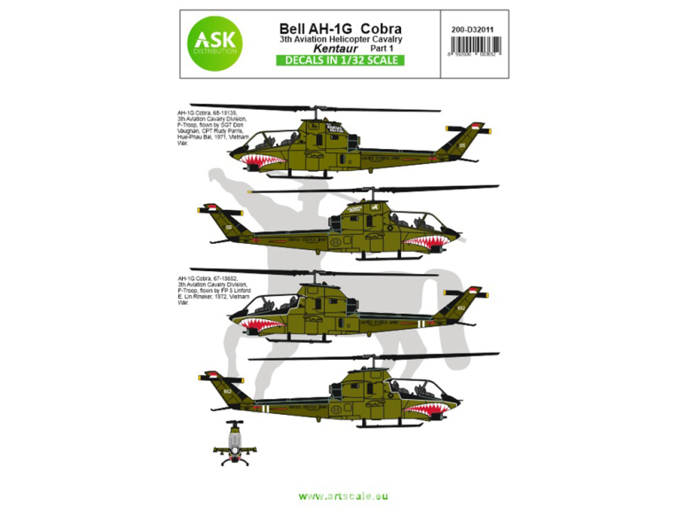 ASK Art Scale Kit Décalcomanies D32011 Bell AH-1G Cobra 3th Aviation Helicopter Cavalry Kentaur Partie 1 1/32