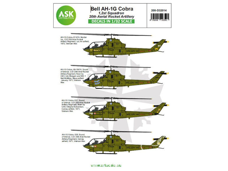 ASK Art Scale Kit Décalcomanies D32014 Bell AH-1G Cobra 1,2st Squadron 20th Aerial Rocket Artillery 1/32