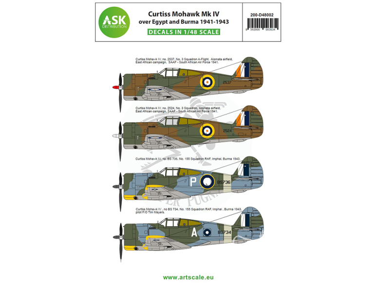 ASK Art Scale Kit Décalcomanies D48002 Curtiss Mohawk Mk IV over Egypt and Burma 1941 - 1943 1/48