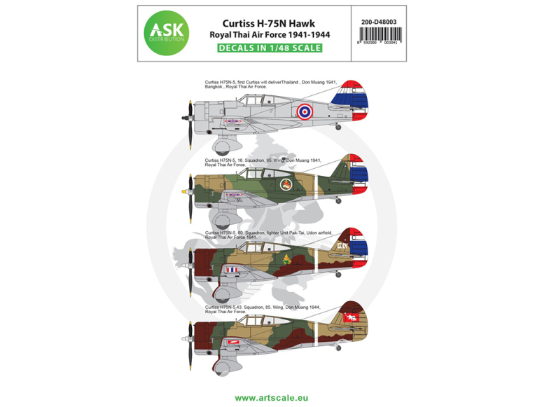 ASK Art Scale Kit Décalcomanies D48003 Curtiss H-75N Hawk Royal Thai Air Force 1941 - 1944 1/48