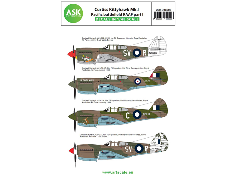 ASK Art Scale Kit Décalcomanies D48006 Curtiss Kittyhawk Mk.I Pacific battlefield RAAF Partie I 1/48