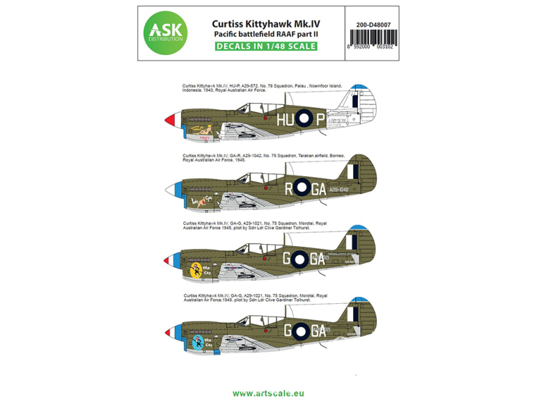 ASK Art Scale Kit Décalcomanies D48007 Curtiss Kittyhawk Mk.IV Pacific battlefield RAAF Partie II 1/48