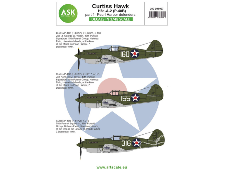 ASK Art Scale Kit Décalcomanies D48027 Curtiss Hawk H81-A-2 (P-40)B Partie 1 - Pearl Harbor defenders 1/48
