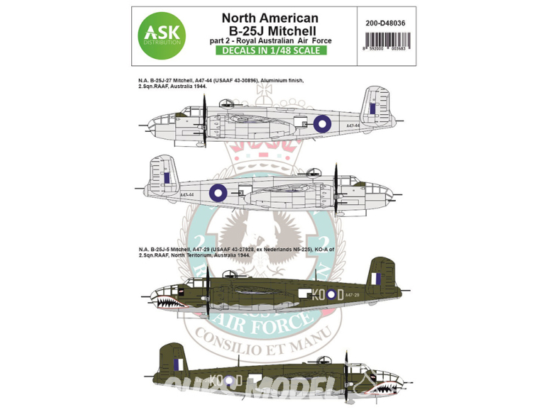 ASK Art Scale Kit Décalcomanies D48036 North American B-25J Mitchell Partie 2 - Royal Australian Air Force 1/48