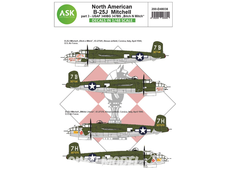 ASK Art Scale Kit Décalcomanies D48038 North American B-25J Mitchell Partie 3 - USAF 340th BG / 347th BS "Bitch N Mitch" 1/48
