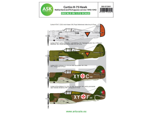 ASK Art Scale Kit Décalcomanies D72001 Curtiss H-75 Hawk Netherland and Portuguese service 1940 - 1943 1/72