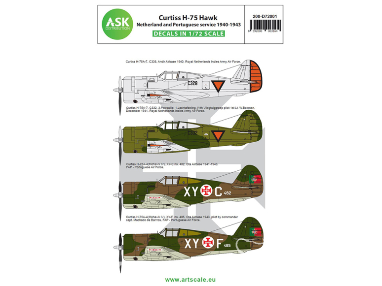 ASK Art Scale Kit Décalcomanies D72001 Curtiss H-75 Hawk Netherland and Portuguese service 1940 - 1943 1/72