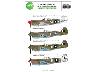 ASK Art Scale Kit Décalcomanies D72006 Curtiss Kittyhawk Mk.I Pacific battlefield RAAF Partie 1 1/72