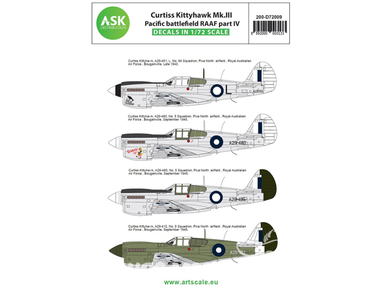 ASK Art Scale Kit Décalcomanies D72009 Curtiss Kittyhawk Mk.III Pacific battlefield RAAF Partie 4 1/72