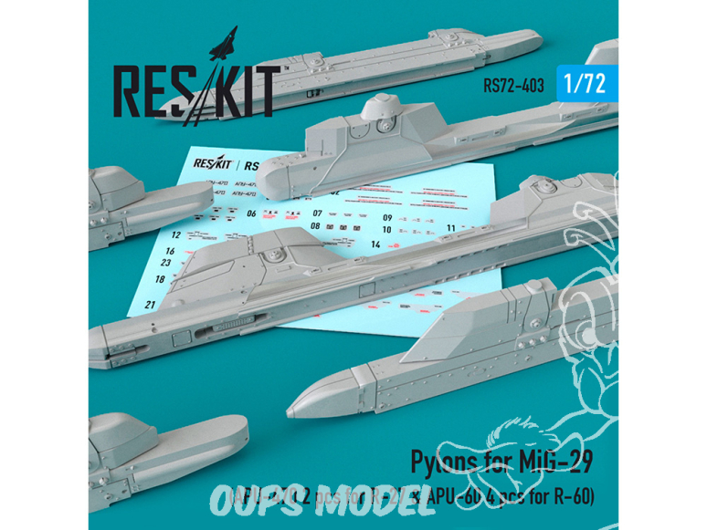 ResKit kit armement Avion RS72-0403 Pylônes pour MiG-29 (APU-470 2 pièces pour R-27 et APU-60 4 pièces pour R-60) 1/72
