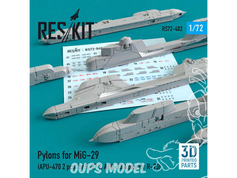 ResKit kit armement Avion RS72-0402 Pylônes pour MiG-29 APU-470 2 pièces pour R-27 et APU-73 4 pièces pour R-73 1/72