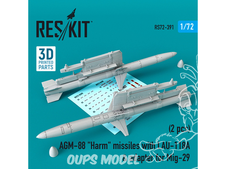 ResKit kit RS72-0391 Missiles AGM-88 "Harm" avec LAU-118 et adaptateur pour Mig-29 2 pièces 1/72