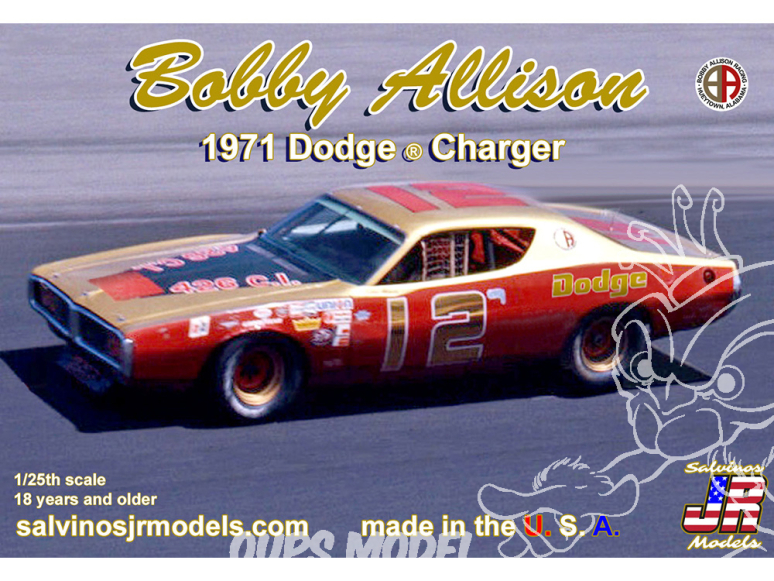 JR Models maquette voiture BADC1971D Bobby Allison 1971 Dodge Charger Flat Hood 1/25