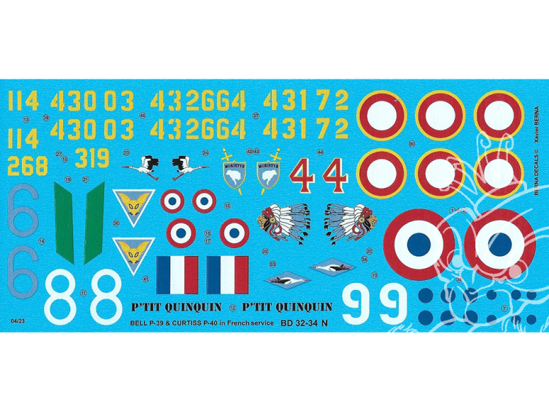 Berna decals BD32-34 avions Bell P39 et Curtiss P40 Français 1/32