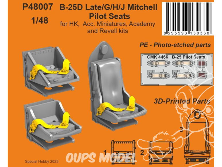 Special Hobby 3D Print avion P48007 Sièges B-25D Late/G/H/J Mitchell pour HK, Acc. Miniatures, kits Academy et Revell 1/48