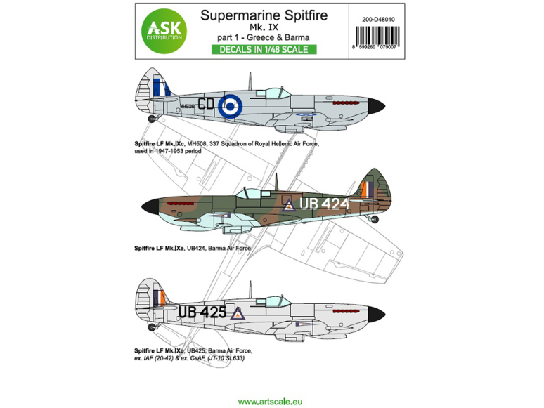 ASK Art Scale Kit Décalcomanies D48010 Supermarine Spitfire Mk.IX Partie 1 - Greece & Barma 1/48