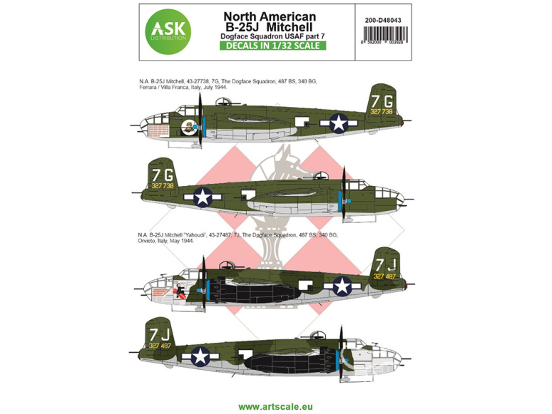 ASK Art Scale Kit Décalcomanies D48043 North American B-25J Mitchell Dogface Squadron USAF Partie 7 1/48