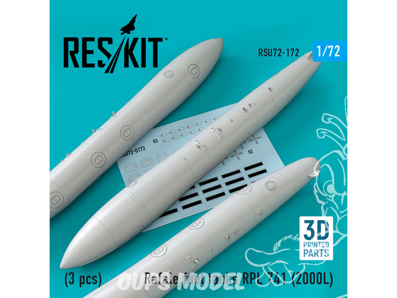 ResKit kit d'amelioration Avion RSU72-0172 Rafale Réservoirs de carburant RPL 741 (2000L) (3 pièces) 1/72