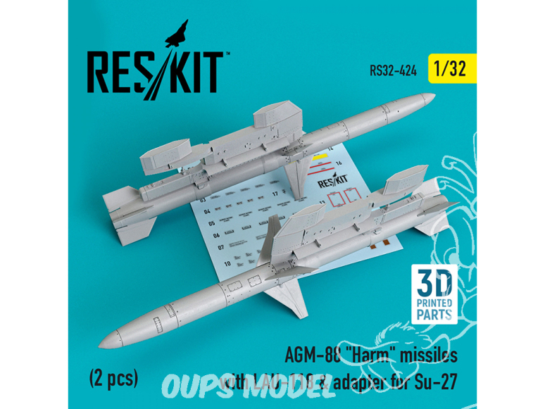 ResKit kit RS32-0424 Missiles AGM-88 "Harm" avec LAU-118 et adaptateur pour Su-27 (2 pcs) 1/32