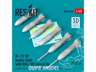 ResKit kit armement Avion RS48-0435 Bombes M-117 GP (tardives) avec aileron conique MAU-103 (6 pcs) Impression 3D 1/48