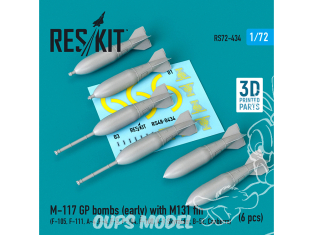 ResKit kit armement Avion RS72-0434 Bombes M-117 GP (début) avec aileron M131 (6 pcs) Impression 3D 1/72