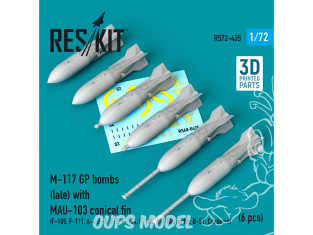 ResKit kit armement Avion RS72-0435 Bombes M-117 GP (tardives) avec aileron conique MAU-103 (6 pcs) Impression 3D 1/72