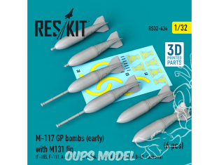 ResKit kit armement Avion RS32-0434 Bombes M-117 GP (début) avec aileron M131 (6 pcs) Impression 3D 1/32