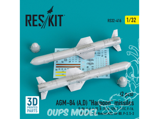 ResKit kit armement Avion RS32-0416 Missiles AGM-84 (A,D) « Harpoon » (2 pciéces) Impression 3D 1/32