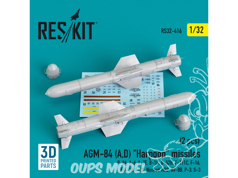 ResKit kit armement Avion RS32-0416 Missiles AGM-84 (A,D) « Harpoon » (2 pciéces) Impression 3D 1/32