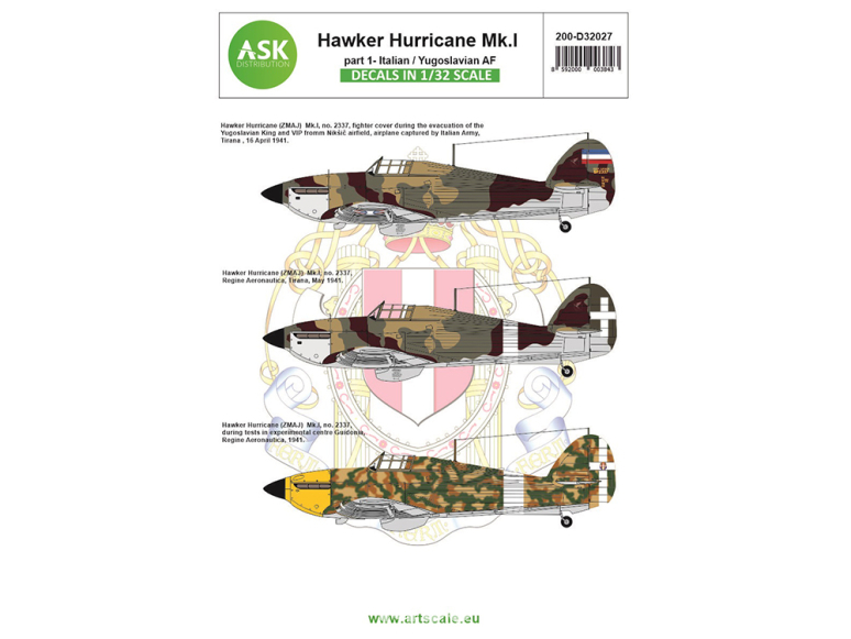 ASK Art Scale Kit Décalcomanies D32027 Hawker Hurricane Mk.I Partie 1 - Italian / Yugoslavian AF 1/32