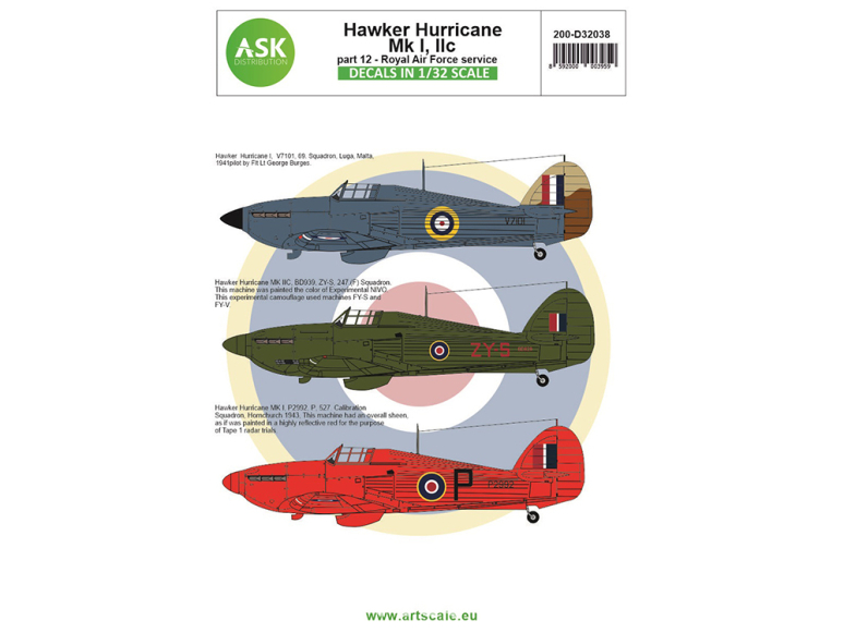 ASK Art Scale Kit Décalcomanies D32038 Hawker Hurricane Mk.I / Mk.IIc Partie 12 - Royal Air Force service 1/32