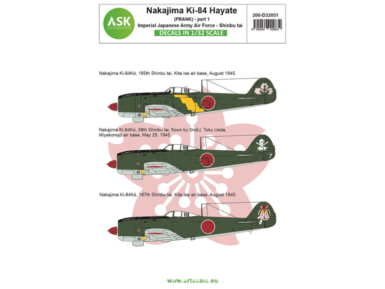ASK Art Scale Kit Décalcomanies D32051 Nakajima Ki-84 Hayate (Frank) Partie 1 - Imperial Japanese Army Air Force 1/32