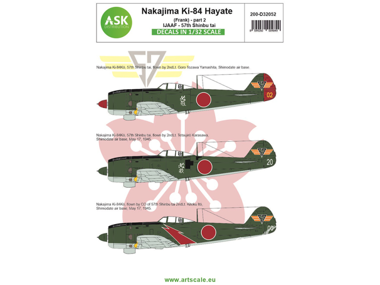 ASK Art Scale Kit Décalcomanies D32052 Nakajima Ki-84 Hayate (Frank) Partie 2 - IJAAF - 57th Shinbu tai 1/32