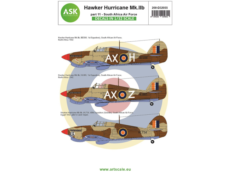 ASK Art Scale Kit Décalcomanies D32055 Hawker Hurricane Mk.IIb Partie 11 - South Africa Air Force 1/32