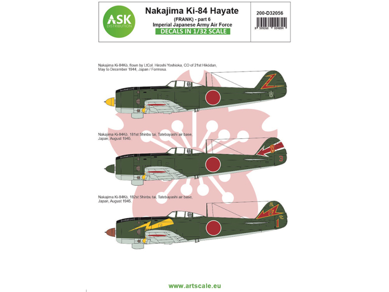 ASK Art Scale Kit Décalcomanies D32056 Nakajima Ki-84 Hayate (Frank) Partie 6 - Imperial Japanse Army Air Force 1/32